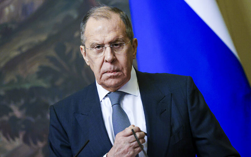 In this photo released by the Russian Foreign Ministry Press Service, Russian Foreign Minister Sergey Lavrov pauses during his and Brazilian Foreign Minister Carlos Franca's joint news conference following their talks in Moscow, Russia, Tuesday, Nov. 30, 2021. (Russian Foreign Ministry Press Service via AP)