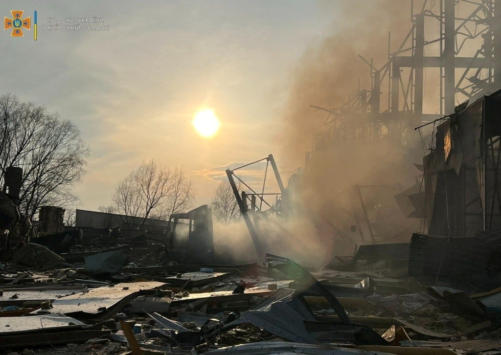 A food warehouse damaged by shelling, as Russia's attack on Ukraine continues, is seen in Brovary, Kyiv region, Ukraine in this handout picture released March 30, 2022. Press service of the State Emergency Service of Ukraine/Handout via REUTERS