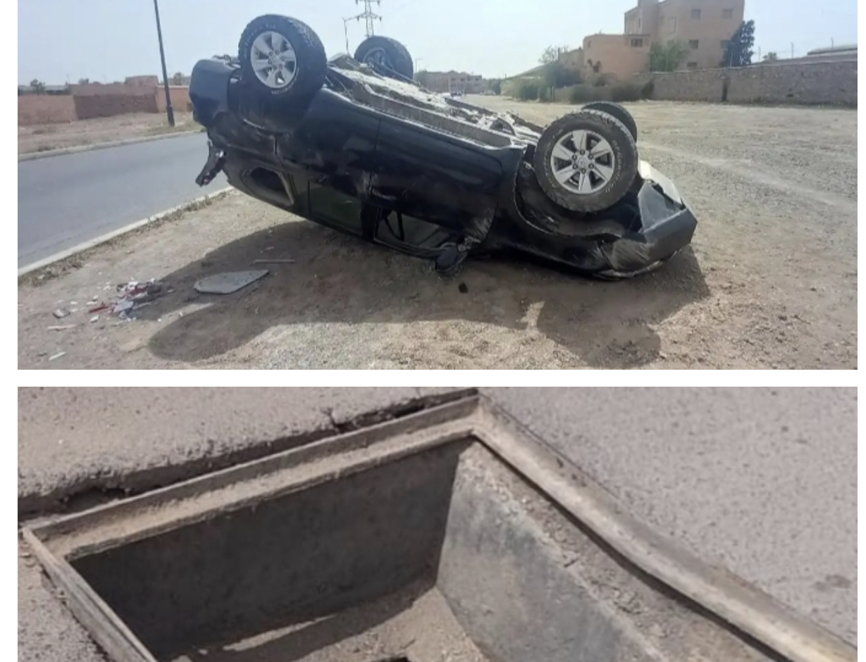 غياب بالوعة مجرى الصرف الصحي يتسبب في انقلاب سيارة بالقرب من حدائق منارة