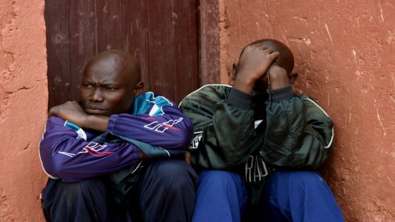 Two illegal African immigrants sit at the door of a room at the Touizgue holding center on the Morocan and Algerian Border. The center of an immigration crisis of Africans seeking to get to Europe, is deporting would-be immigrants by plane back home , Monday Oct. 17, 2005. (AP Photo/Ho H. M.)
